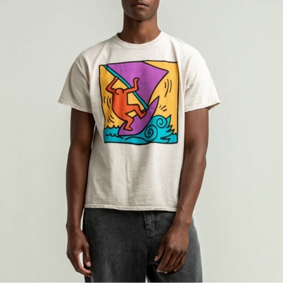 Keith Haring X RSQ Tee Shirt T- shirt size Medium Mineral Wash Tan Retro M - Picture 1 of 7